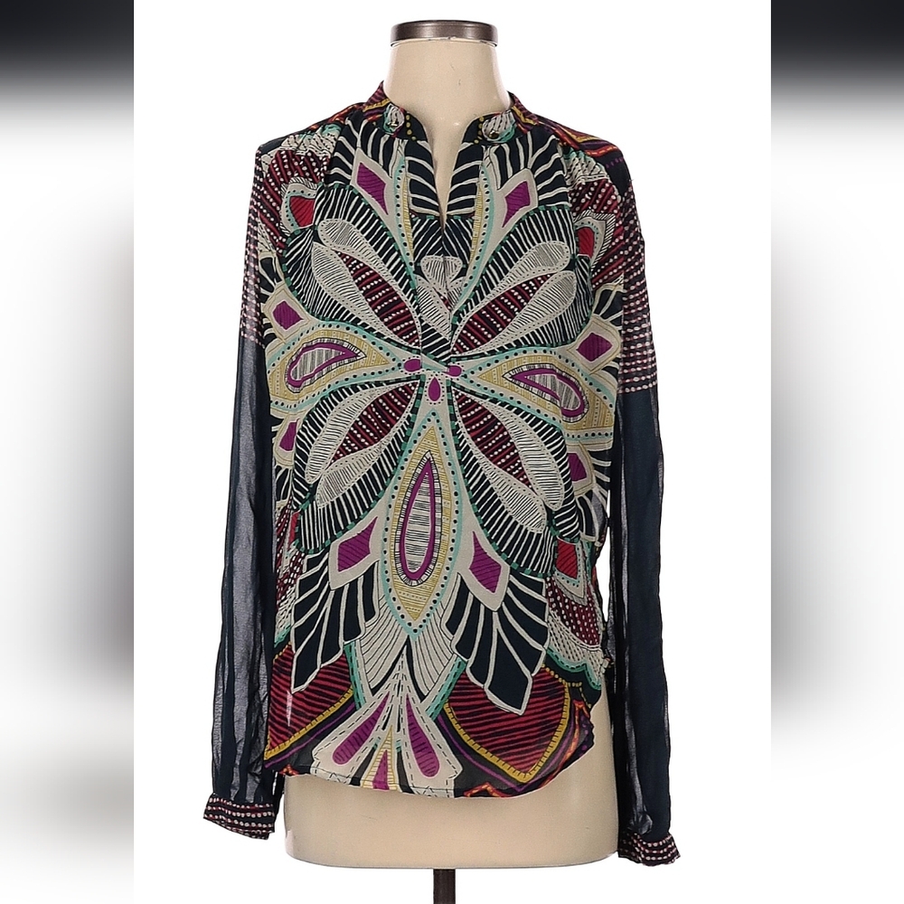Multicolor Split Neck Blouse By Tt, Women's Size Small